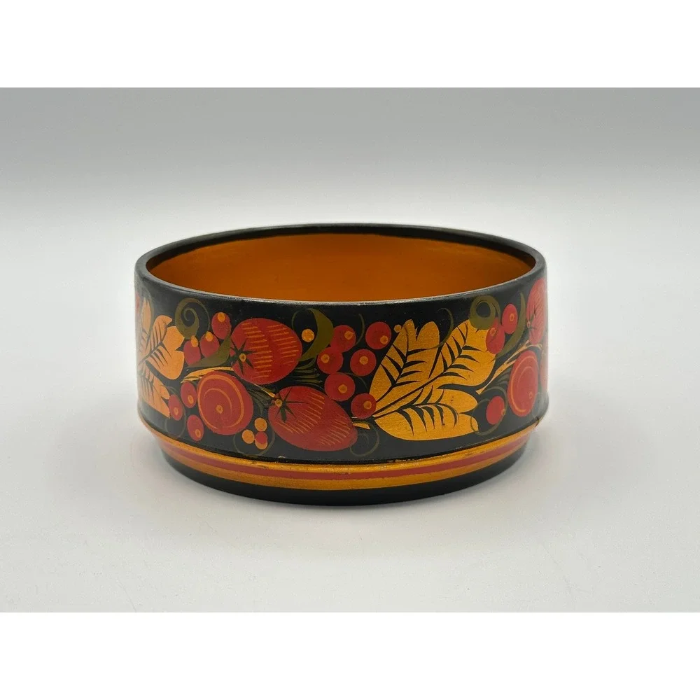 Vintage Khokhloma Wooden Bowl Hand Painted Strawberry Folk Art Black Gold